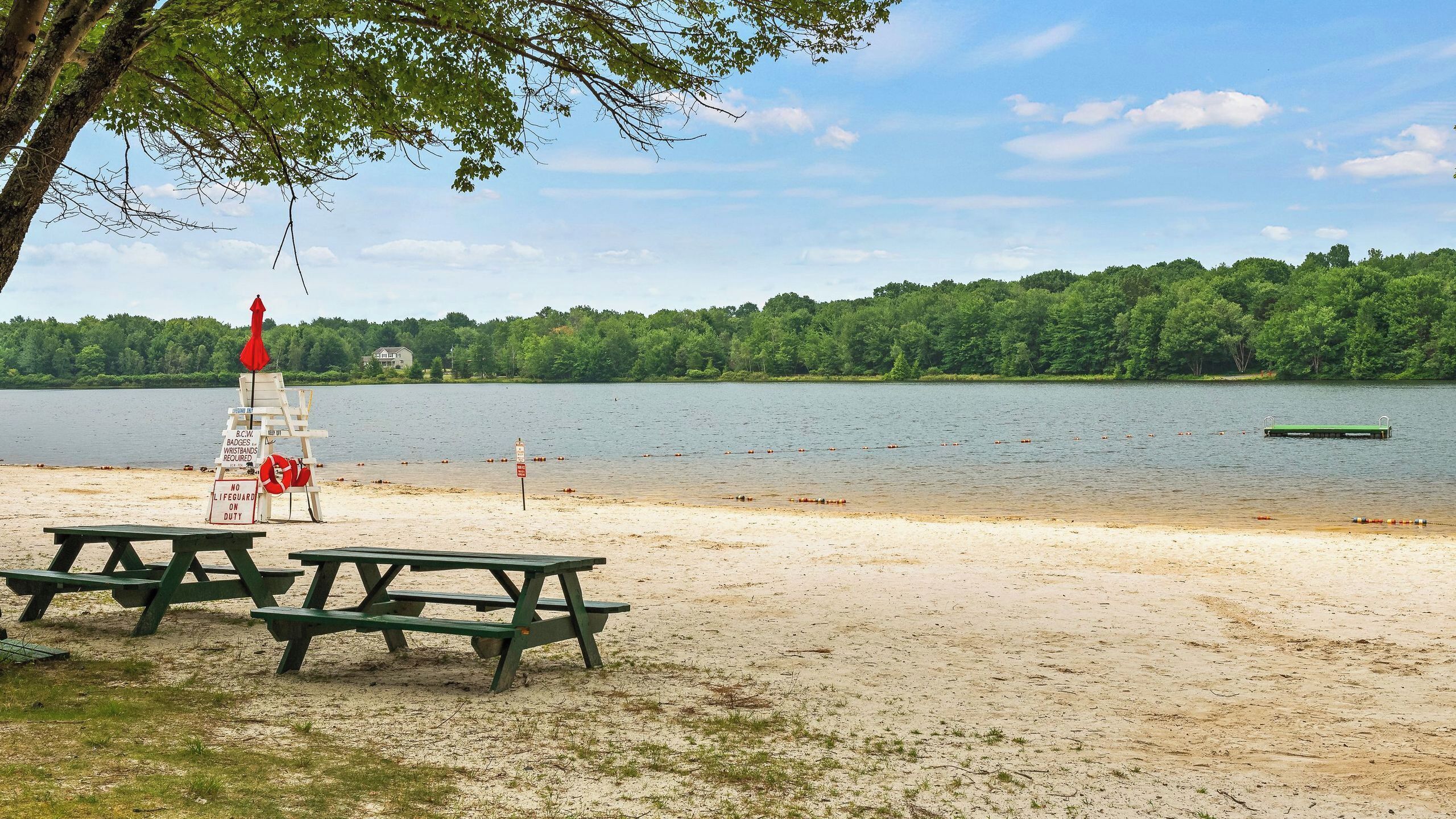 Una spiaggia sul lago con tavoli da picnic, una postazione di salvataggio e un molo.
