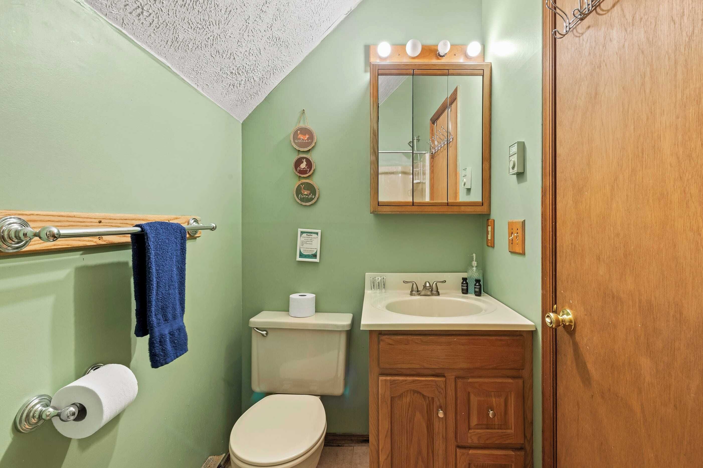 Et badeværelse med toilet, vask og spejl. Der er et håndklædestativ med et blåt håndklæde, en toiletpapirholder og et træskab.