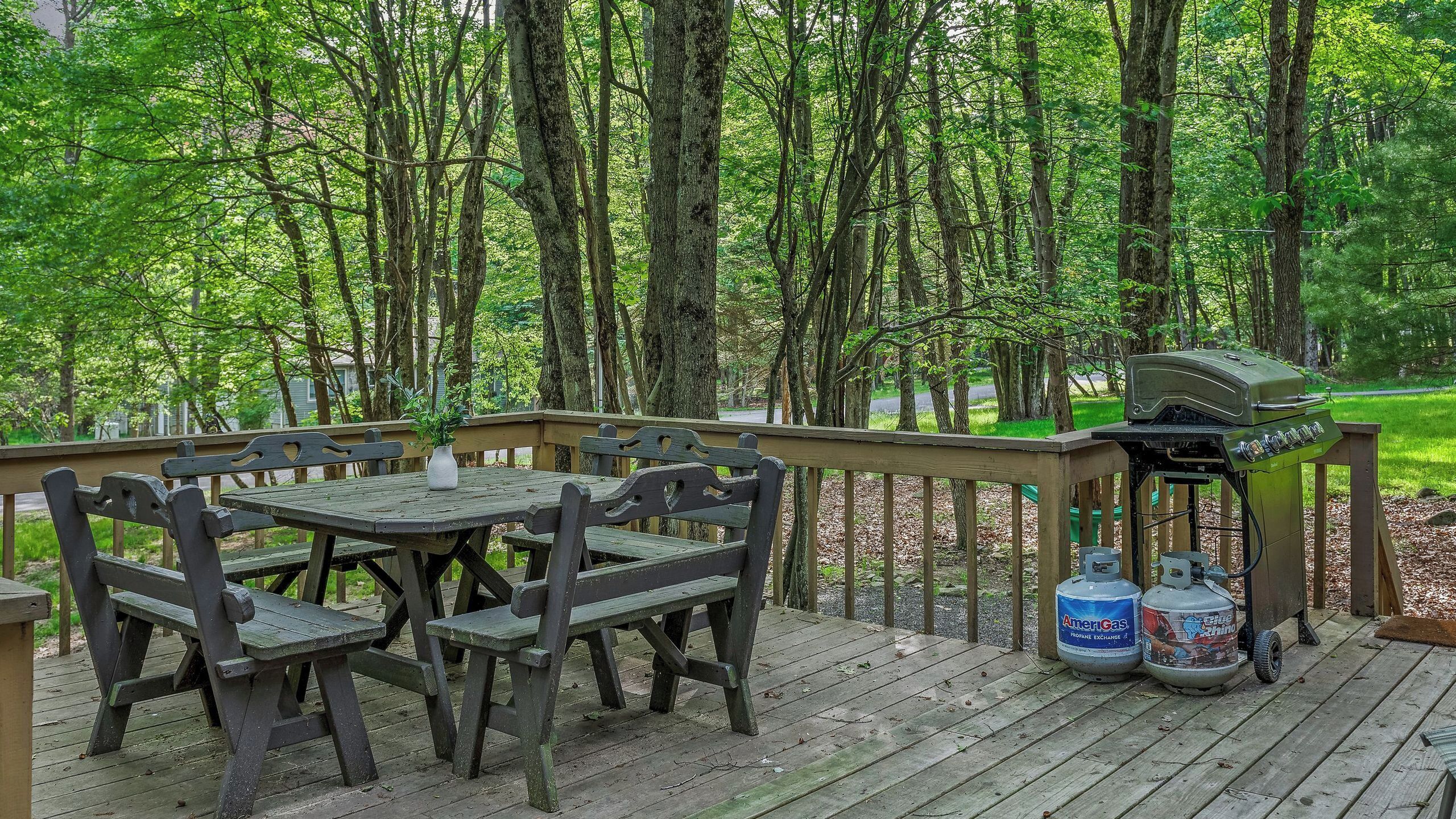 A wooden deck with a table and chairs, surrounded by trees.
