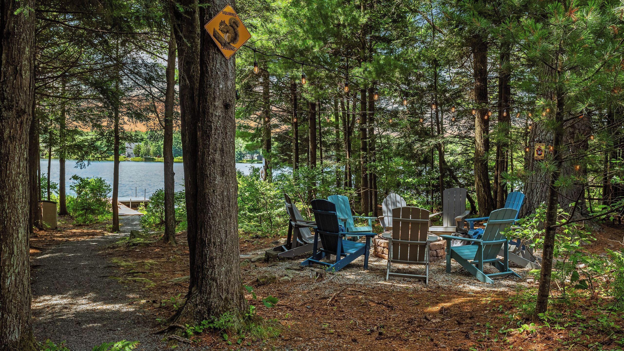 Un área boscosa con sillas Adirondack, un letrero que indica paso de ardillas y un lago al fondo.