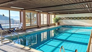 An indoor swimming pool with clear glass walls, a wooden ceiling, and a view of a natural landscape. - Apartment Wolf by Interhome (Feldkirchen in Kärnten)