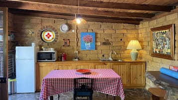 Fridge, microwave, toaster, cookware/dishes/utensils