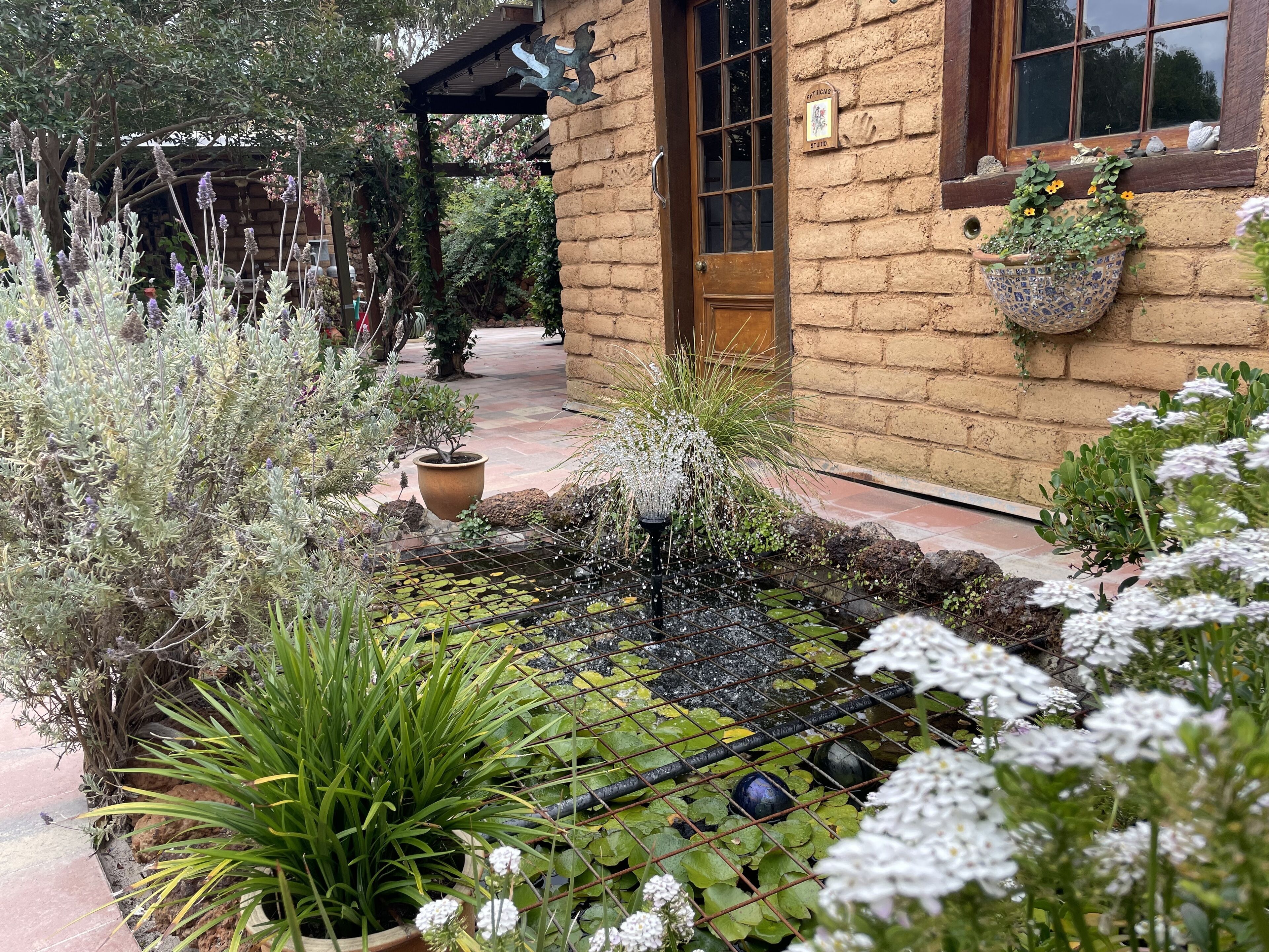 A garden with a water feature, potted plants, and a brick building with a wooden door and window.