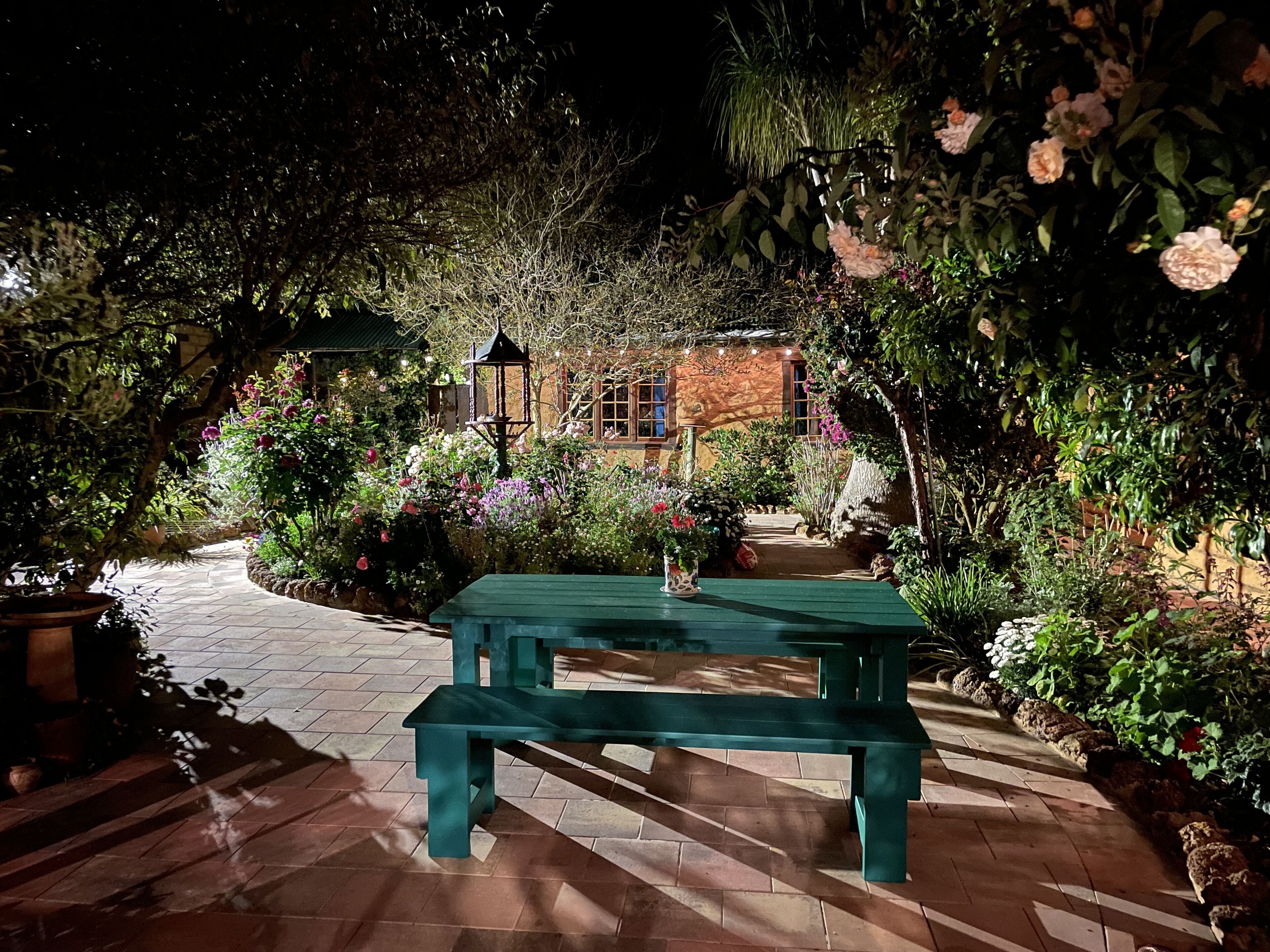 A garden with a wooden bench, a brick pathway, and a building with windows in the background.