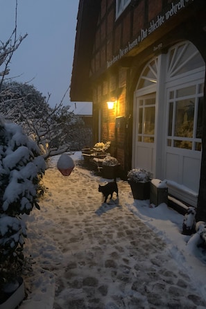 Un sentier enneigé menant à un bâtiment dont l’enseigne est illuminée, et sur lequel on aperçoit un chat qui se promène.