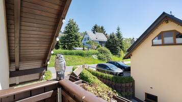 A balcony with a wooden railing overlooking a residential street, a parked car, and a house with a sloped roof.
