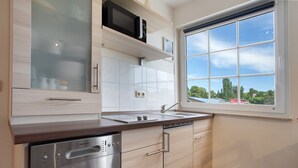 A modern kitchen with a dishwasher, stainless steel appliances, and a window with a view of greenery. - Apartment 'Fewo 2' with Balcony and Wi-Fi (Koserow)