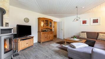 Televisio, takka, DVD-soitin, stereot