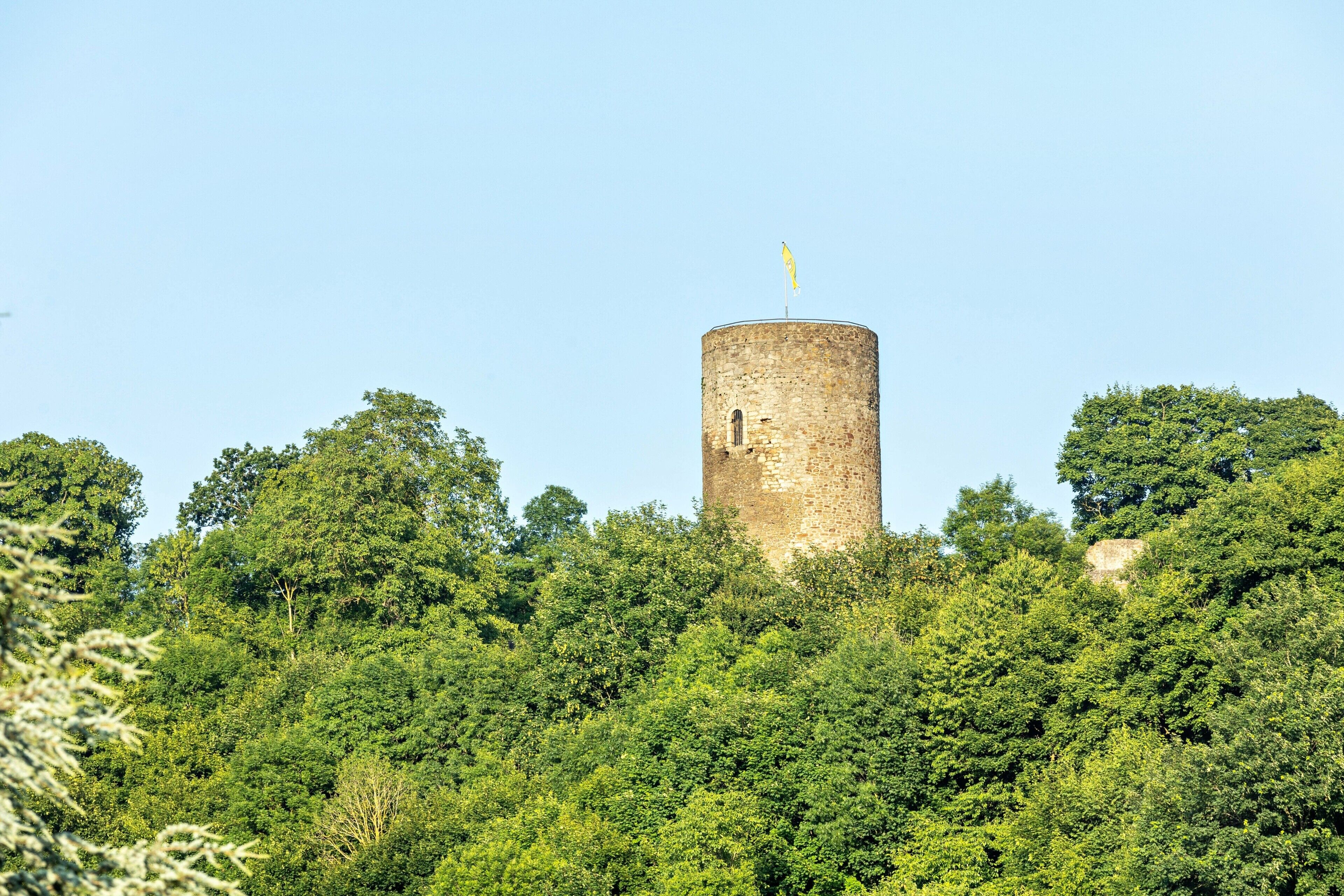 A historic tower surrounded by dense green foliage.