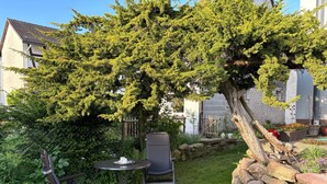 Een terras met een tafel en stoelen, omringd door groen en een stenen muur.