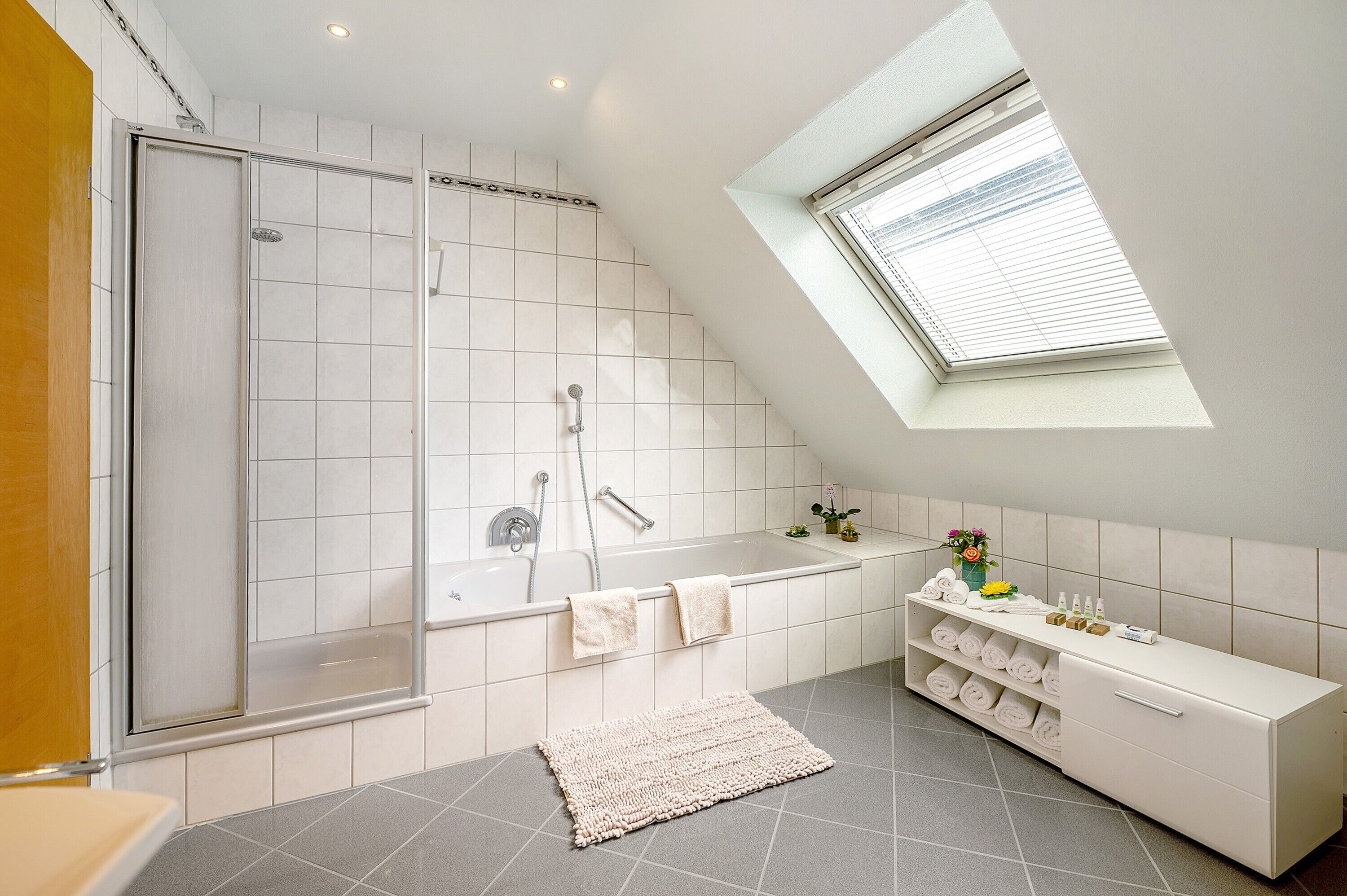 Dusche, kostenlose Toilettenartikel, Haartrockner, Handtücher