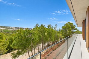 A balcony with a clear view of a mountainous landscape and a distant town.