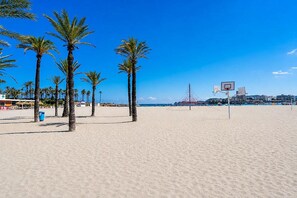 A beach with palm trees and a basketball court.
