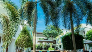A courtyard with a pool, lounge chairs, and palm trees. - Royal Reach Udawalawe (Udawalawa)