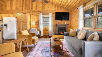 Una Smart TV, una chimenea, libros