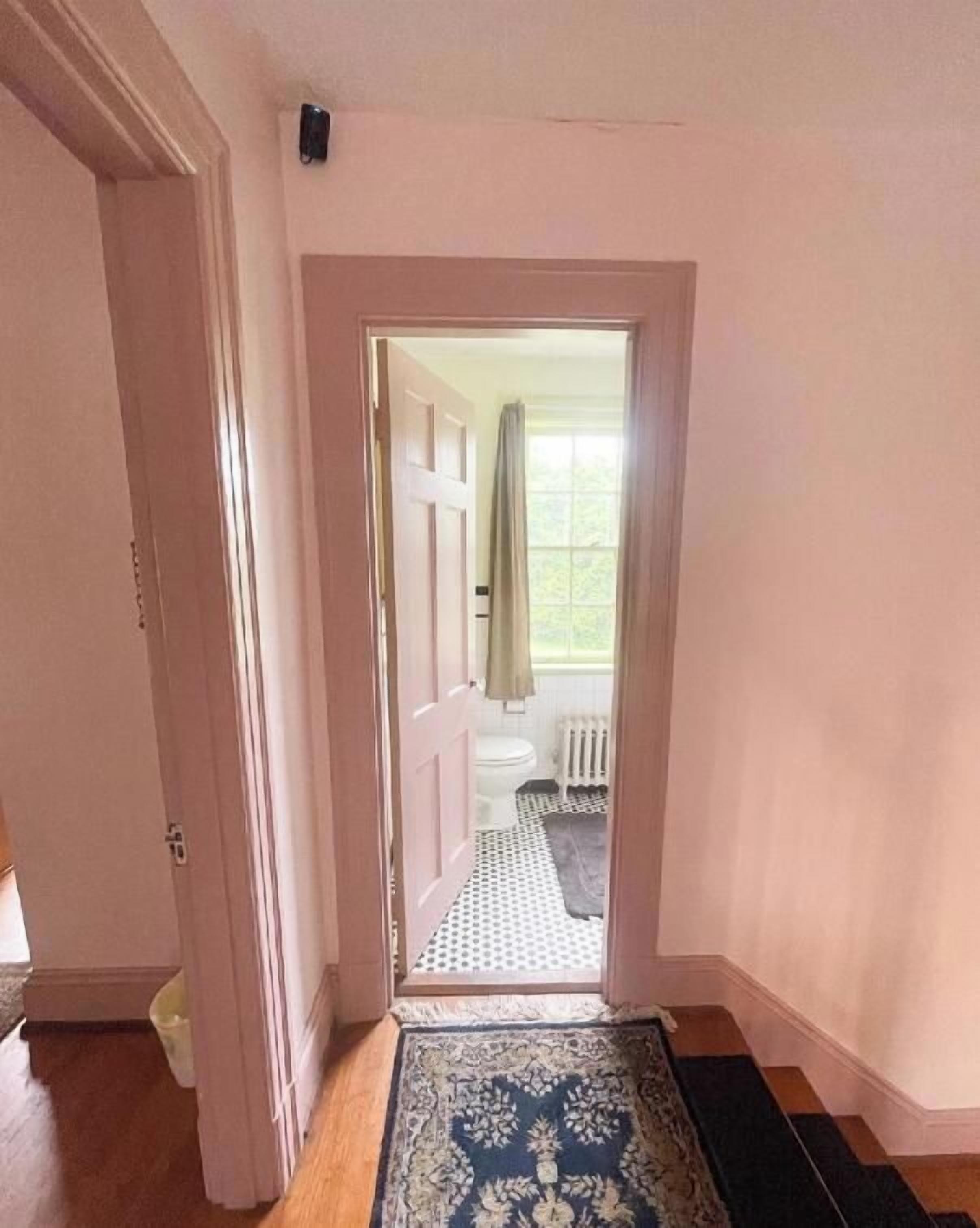 A hallway leading to a bathroom with a patterned rug and a radiator.