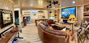Smart TV, fireplace, video games, DVD player