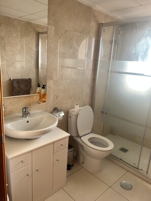 Een moderne badkamer met een groot wastafel, toilet en douchecabine met glazen wanden.