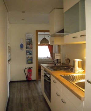 Frigorífico, horno, placa de cocina y mesa de comedor