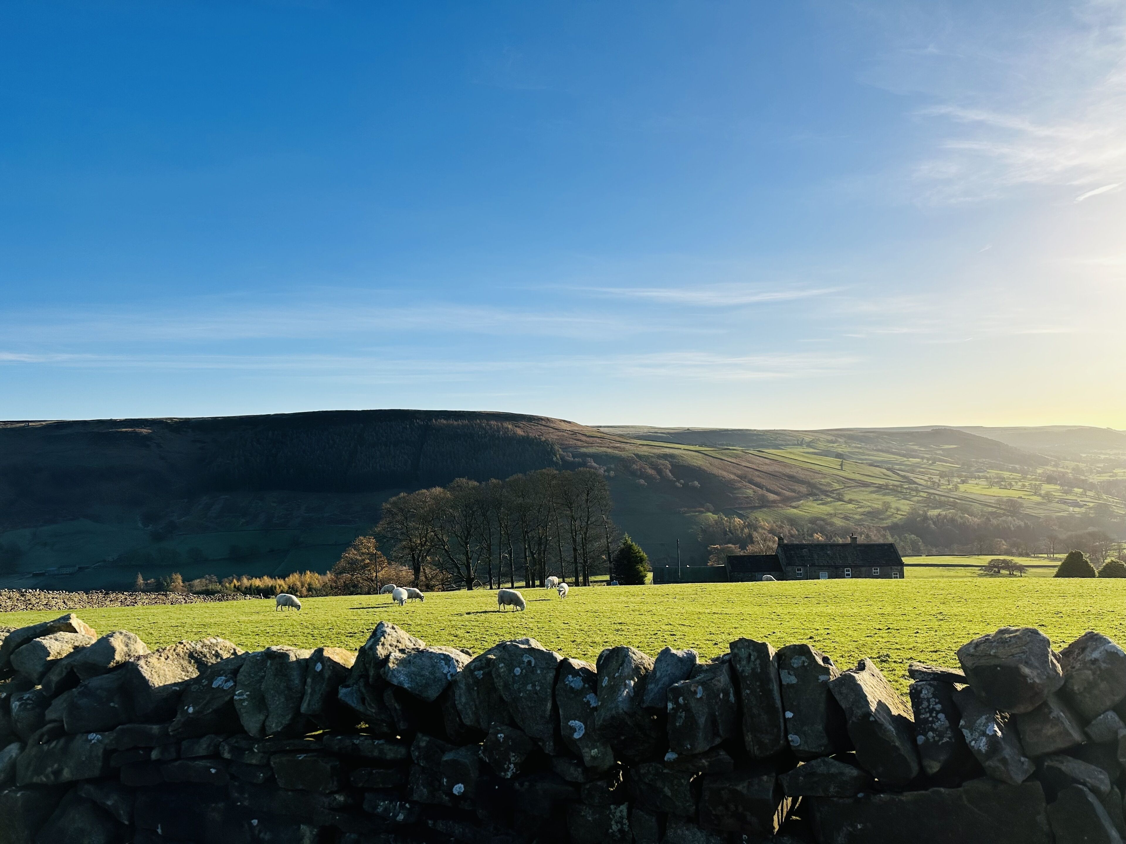 A rural landscape with a stone wall in the foreground, green fields, and rolling hills in the background.