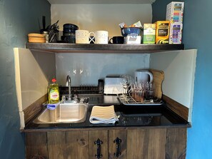 Fridge, microwave, electric kettle, toaster