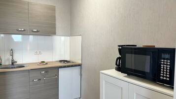 Kühlschrank, Mikrowelle, Herdplatte, Wasserkocher mit Kaffee-/Teezubehör