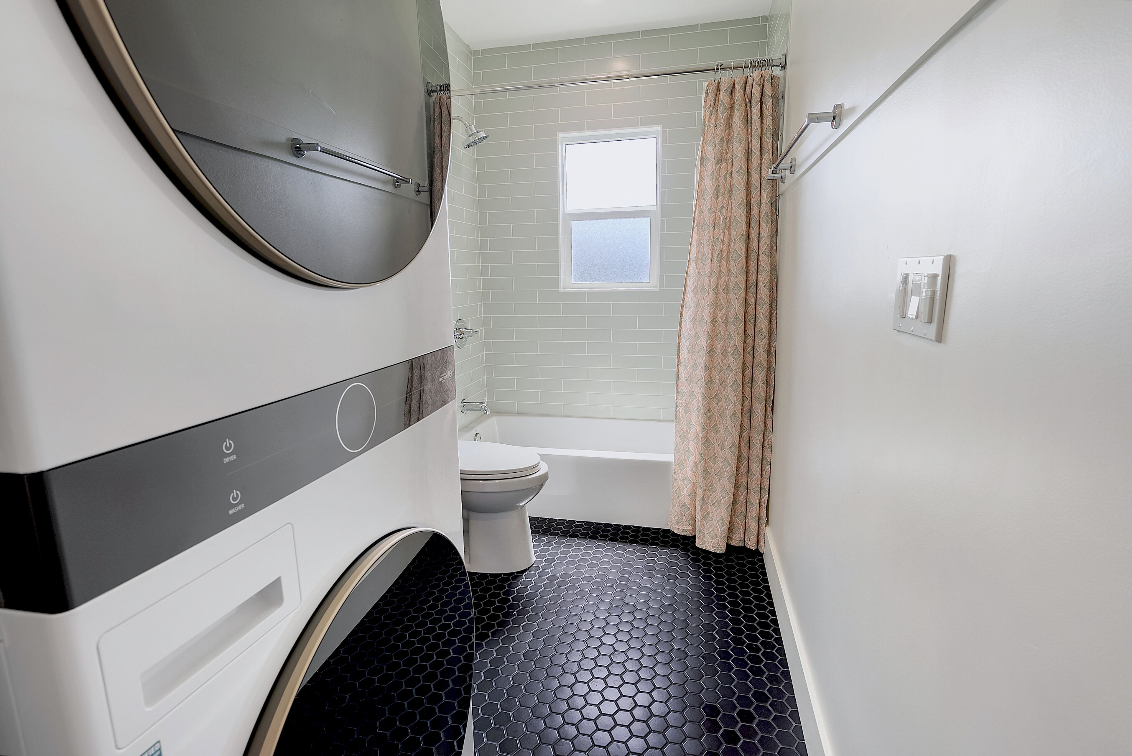 Hair dryer, towels, soap, shampoo