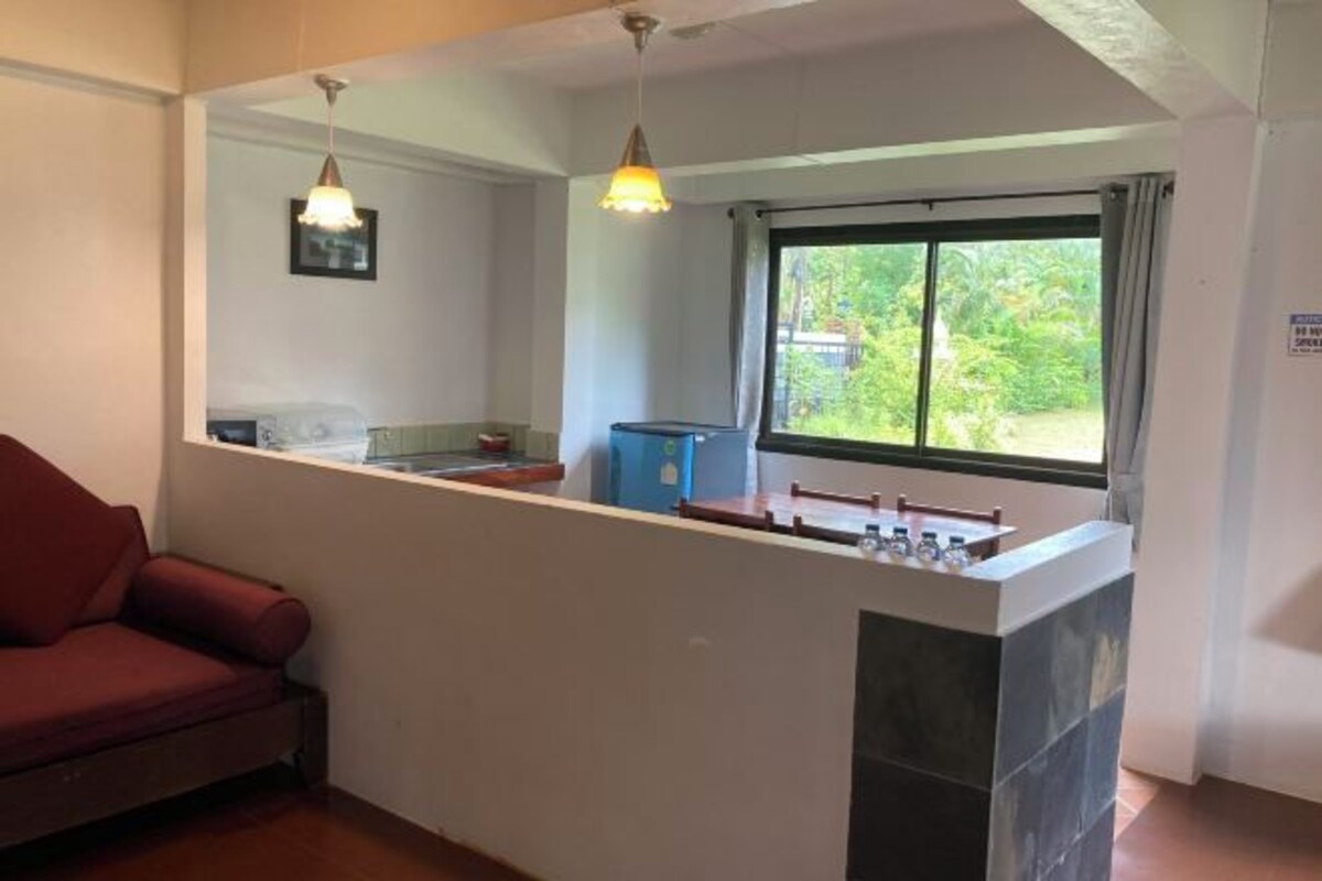 A compact living space with a kitchenette, a red sofa, a window with a view of greenery, and pendant lighting.