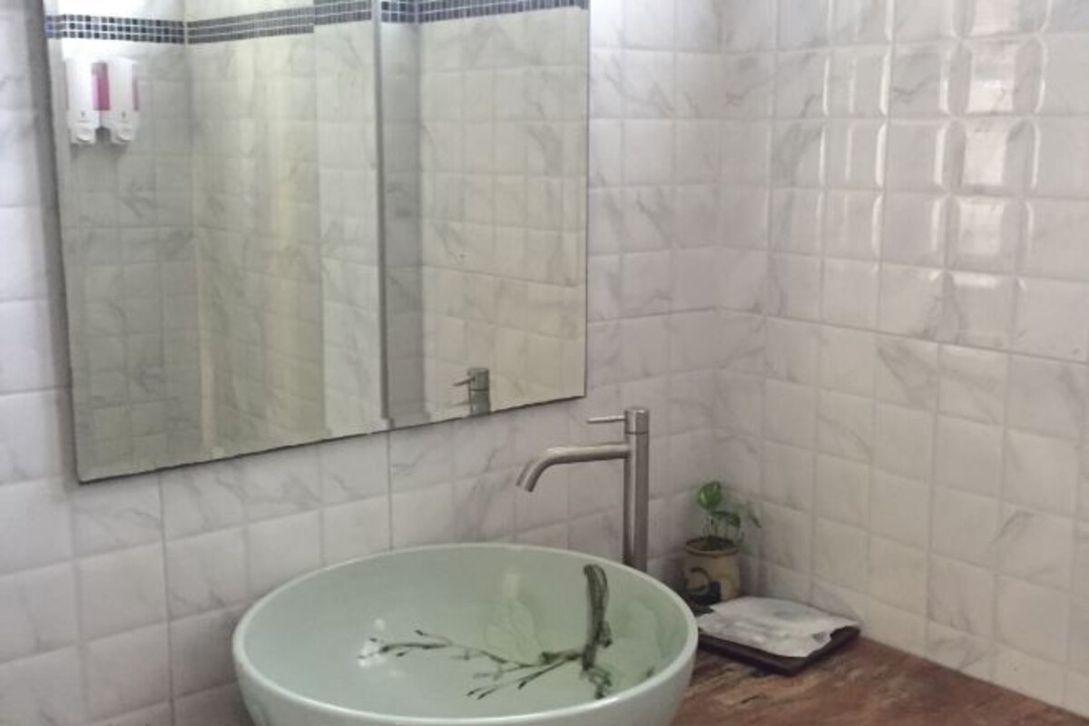 A bathroom with a round, white ceramic sink, a mirror above it, and a small potted plant on the counter.