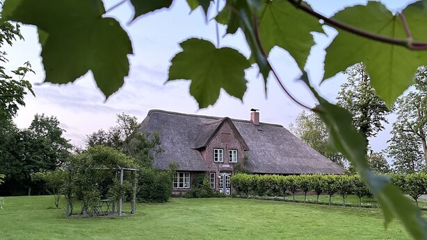 Una casa con techo de paja, rodeada de un césped cuidado y una pérgola.