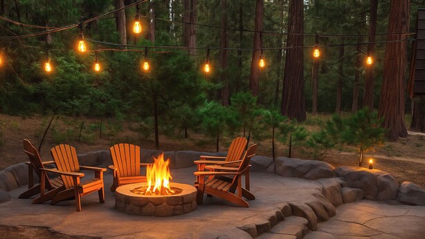 Un foyer en pierre, entouré de quatre chaises Adirondack, lui-même bordé d’une terrasse en pierre et illuminé par des guirlandes lumineuses.