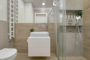 Shower, hair dryer, shampoo