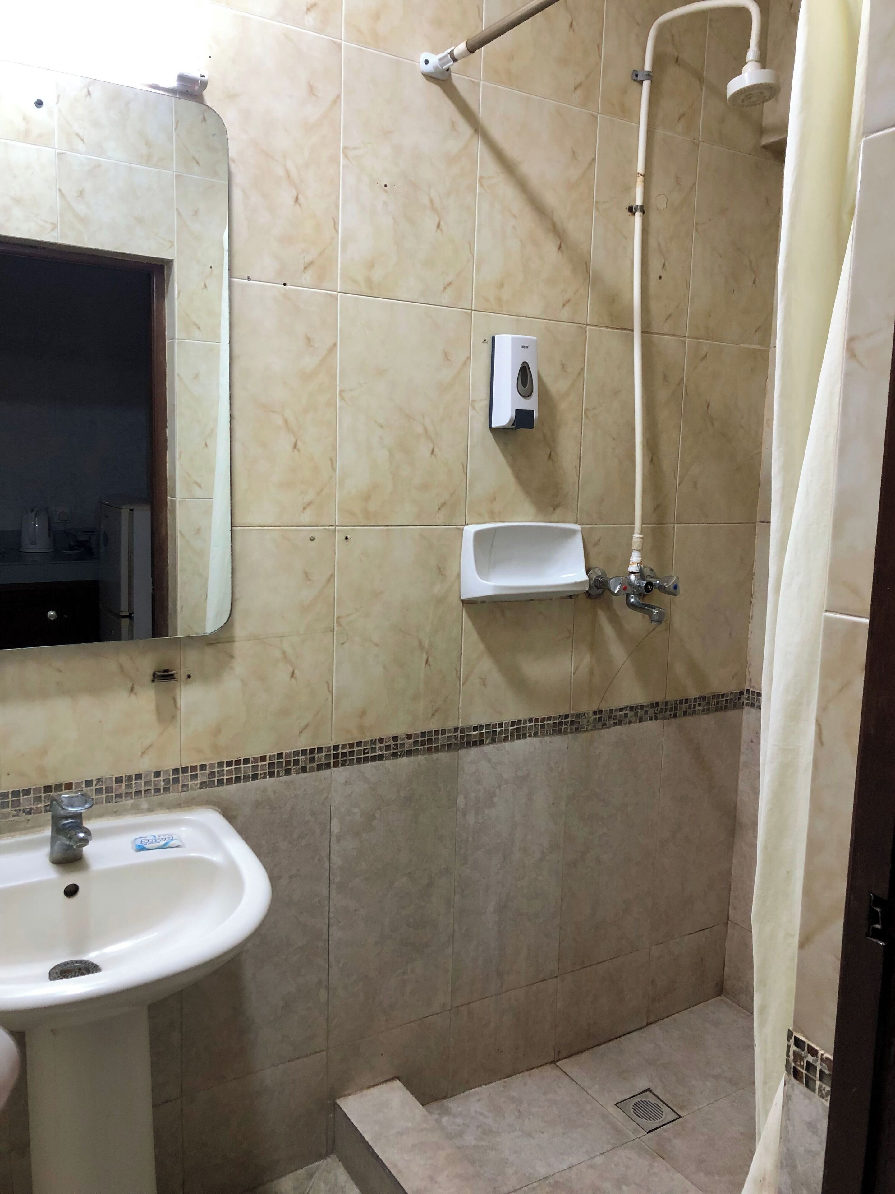 Une salle de bain équipée d’un lavabo, d’un miroir, d’une douchette et d’un distributeur de savon.