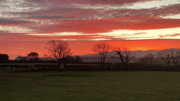 A rural landscape with a sunset, trees, and a distant house. - Beautiful, Private Farm Cottage in Anglesey (Pentraeth)
