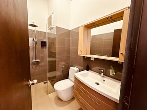 Apartamento | Baño | Ducha, secador de pelo, toallas y papel higiénico