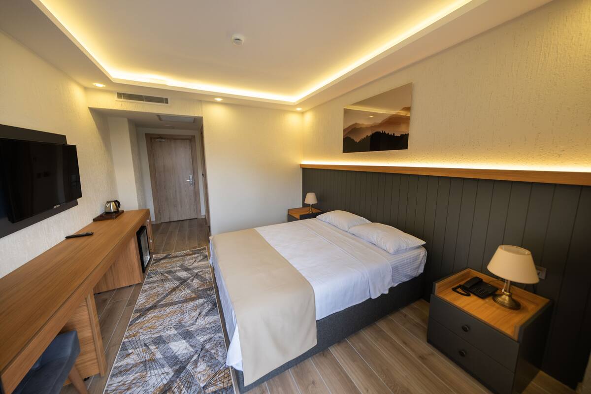 Une chambre d’hôtel avec un lit, des tables de chevet, un bureau, une télévision et un tableau au mur.