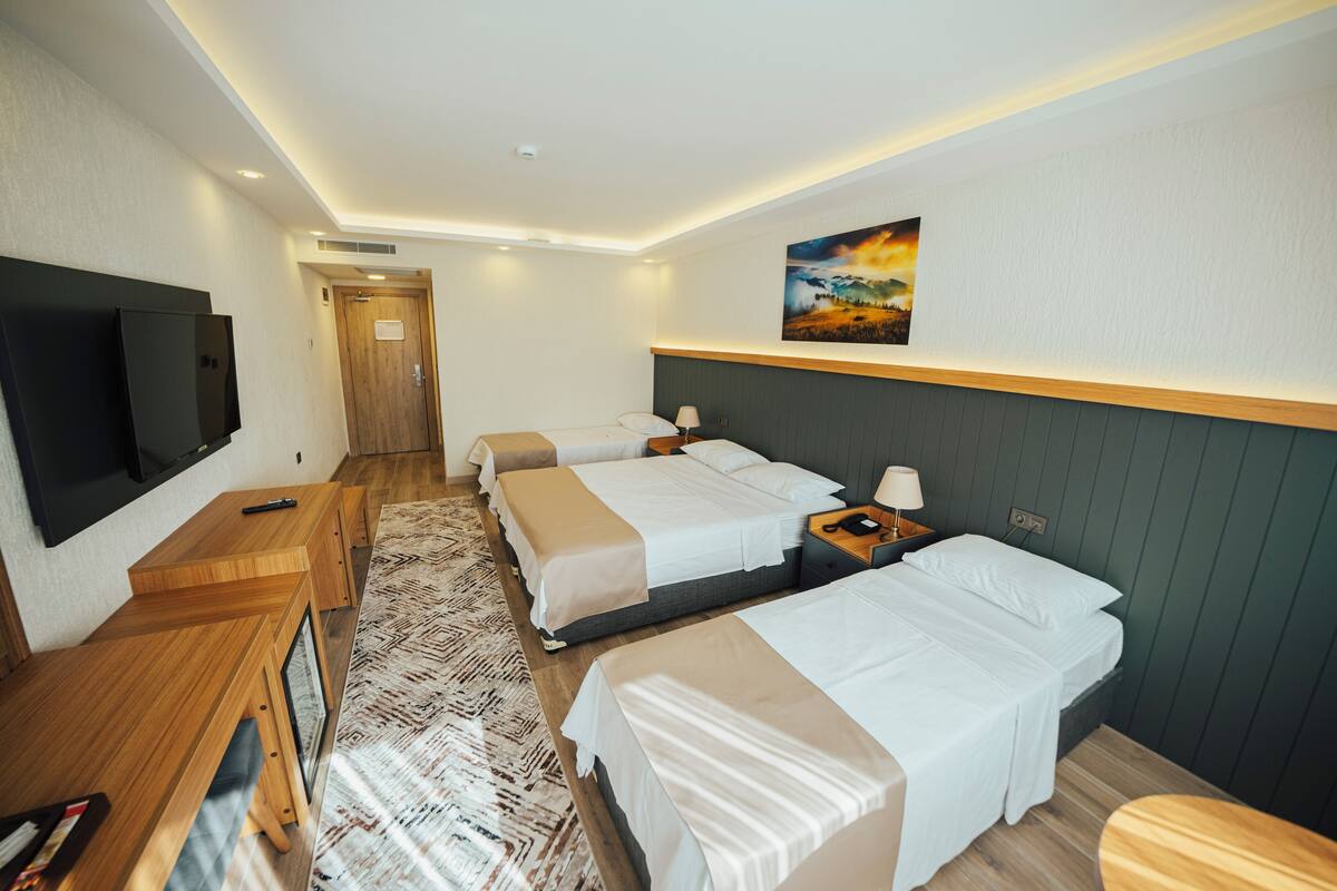 Une chambre d’hôtel avec trois lits, une télévision, un bureau et un tableau au mur.
