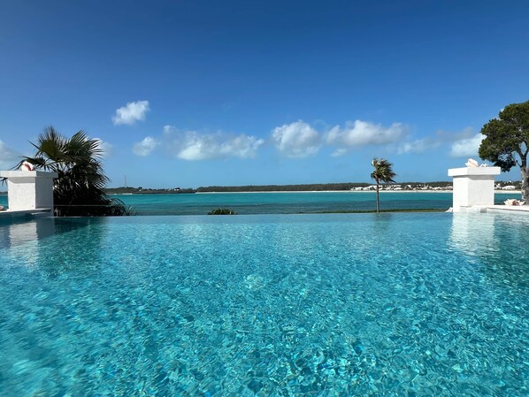 A clear blue pool with a view of the ocean and a distant shoreline.