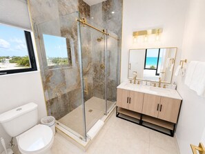 Shower, hair dryer, towels
