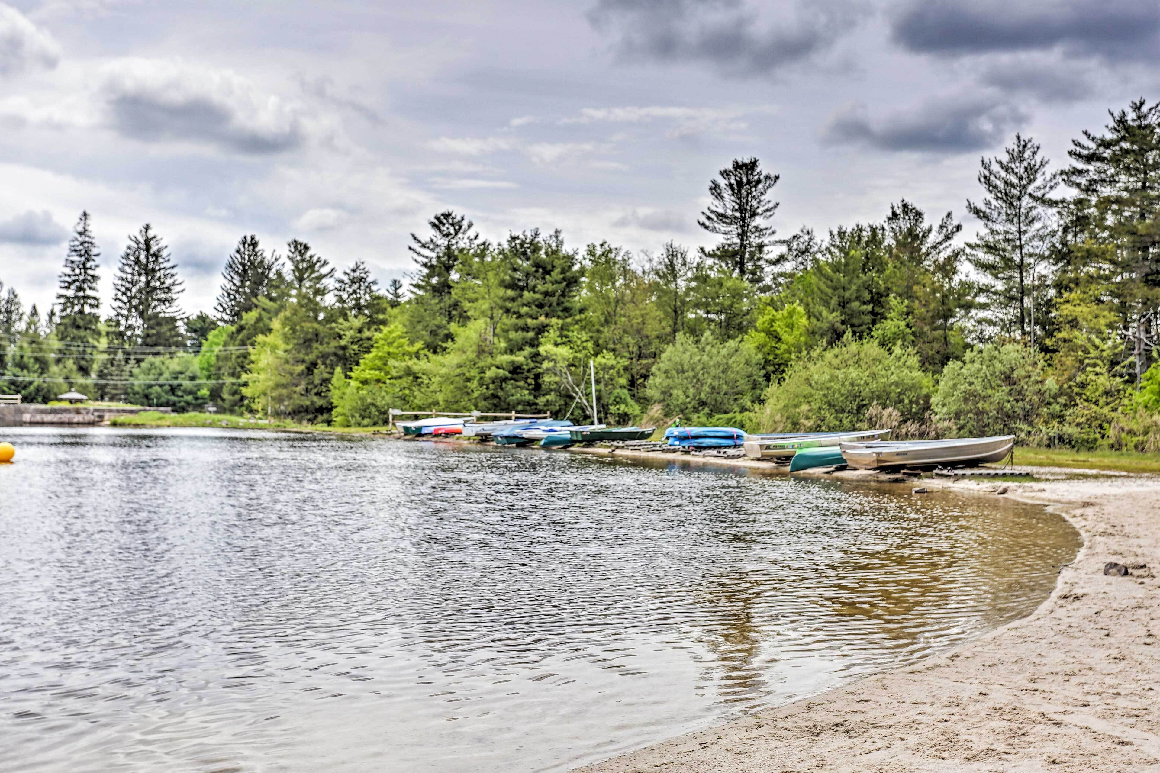 A lakeside view with boats docked along the shore and dense trees in the background.