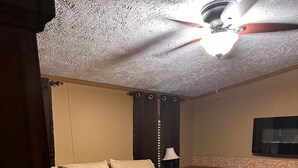 A bedroom with a large bed, a ceiling fan, a TV mounted on the wall, and a nightstand with a lamp. - Quiet Getaway 5 minutes from Galesburg with pool and hot tub (Galesburg)