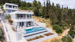 Ein modernes, zweistöckiges Haus mit Schwimmbecken, umgeben von Bäumen und einer Hügelkuppe.