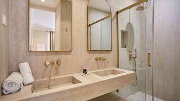 Shower, hair dryer, shampoo