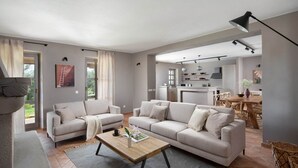A spacious living room with two sofas, a coffee table, and a dining area with a wooden table and chairs. - Rustic Villa Rubus with a pool in Istri, panoramic view, pet friendly (Sveti Lovrec)
