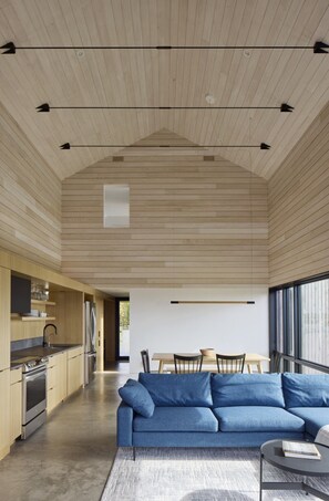 Smart TV, fireplace, books, stereo