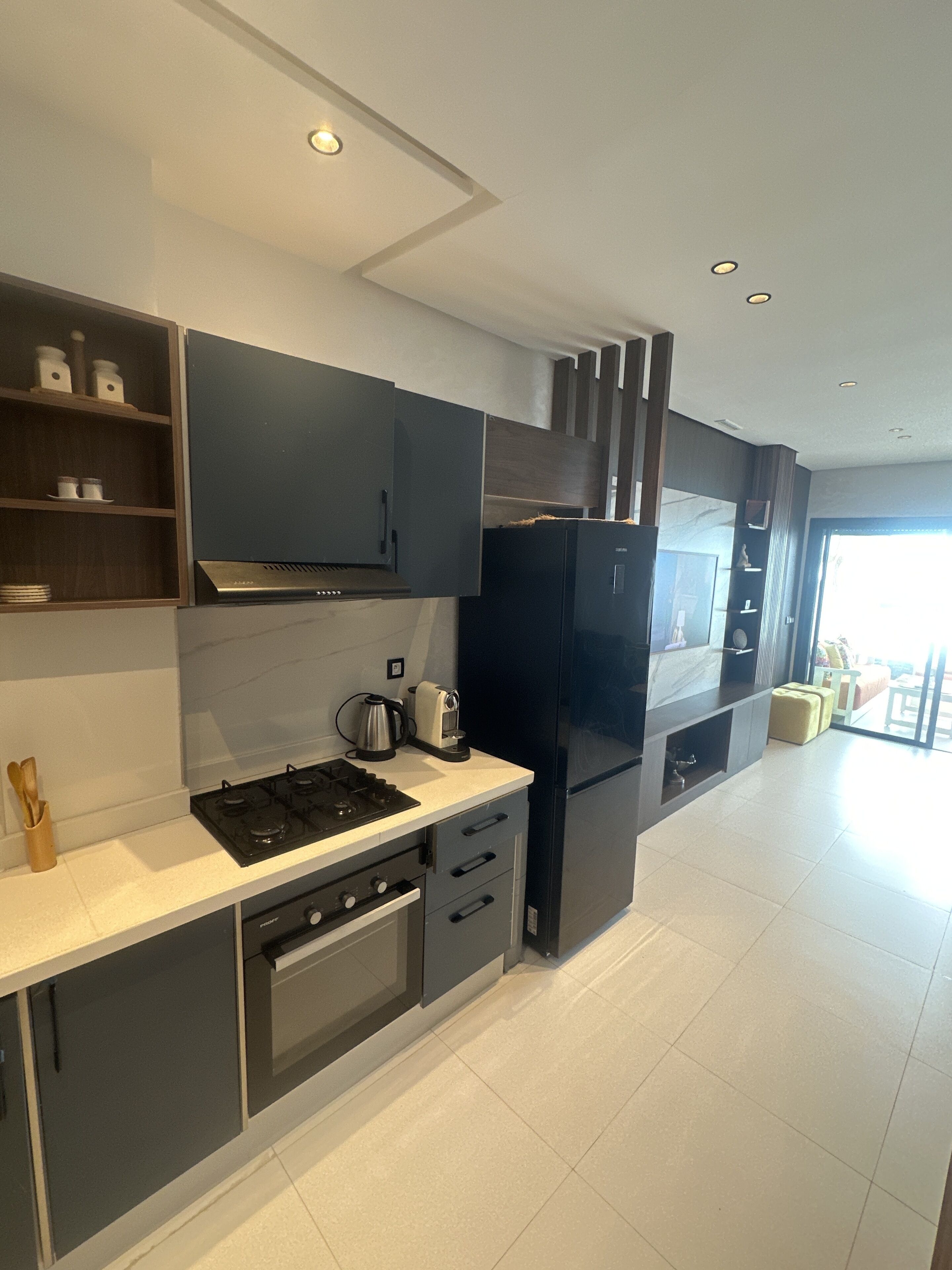 Fridge, oven, coffee/tea maker, electric kettle