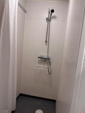 Shower, hair dryer, soap, toilet paper