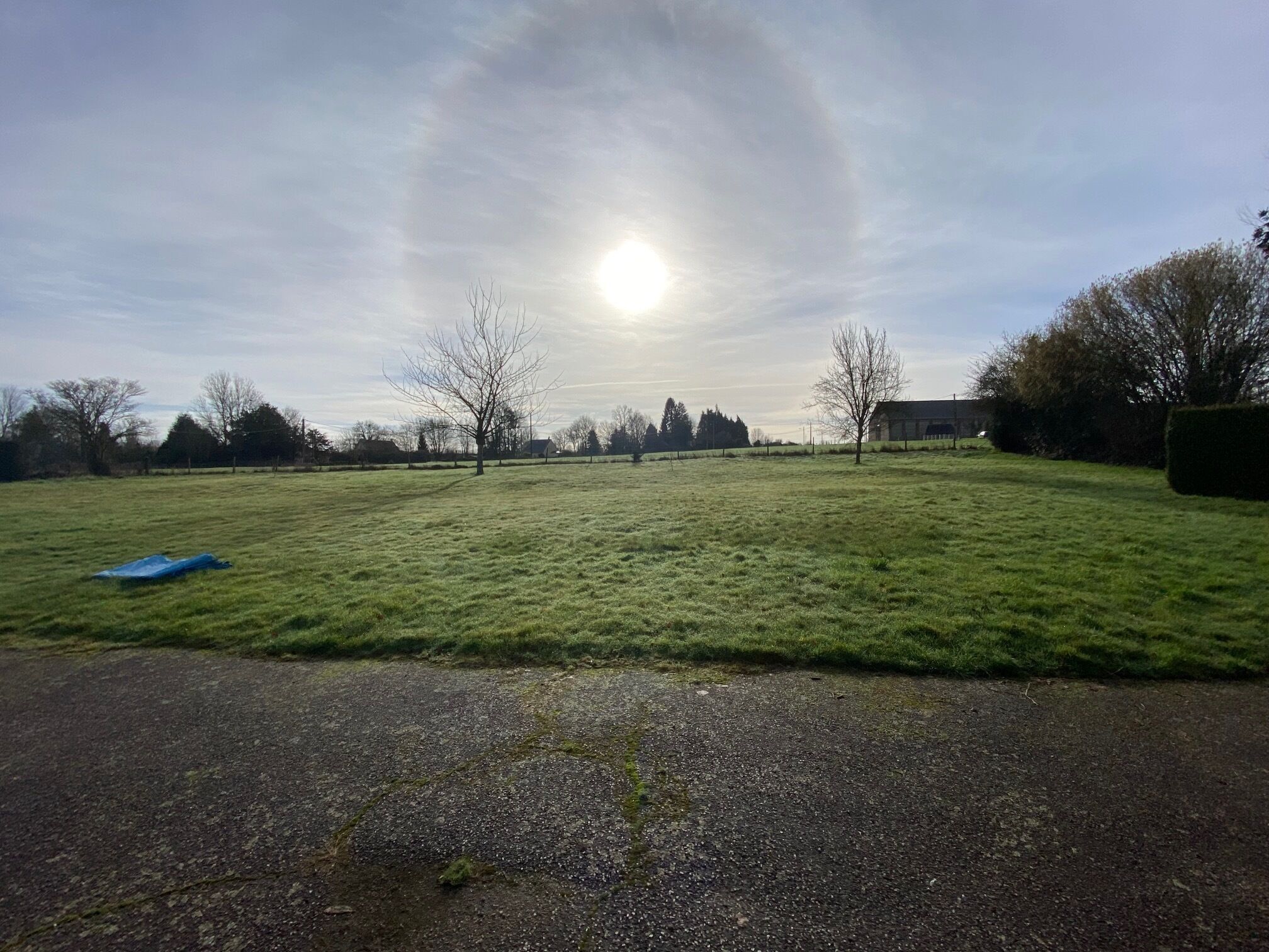 Um campo gramado com céu claro e o sol se pondo ou nascendo.