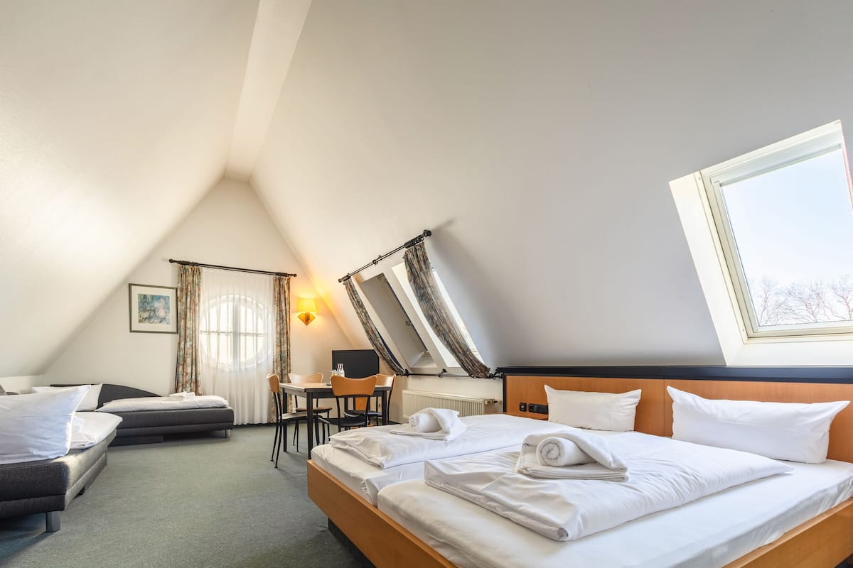A hotel room with a large bed, a desk, and a chair. There is a window with curtains and a skylight.
