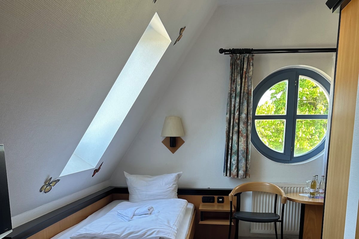 A bedroom with a skylight, a bed, a desk, a chair, and a window with a view of trees.